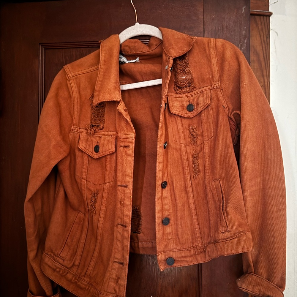 Rust Orange Distressed Denim Jacket - image 2